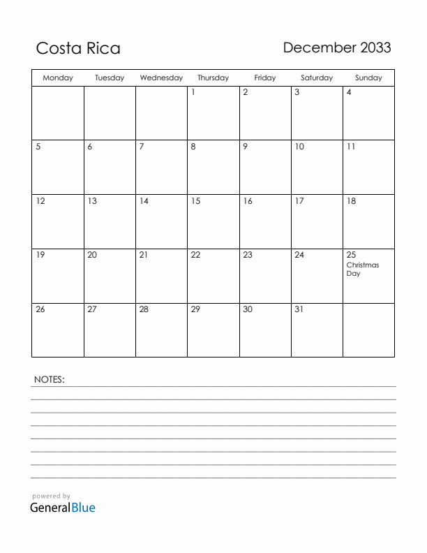 December 2033 Costa Rica Calendar with Holidays (Monday Start)