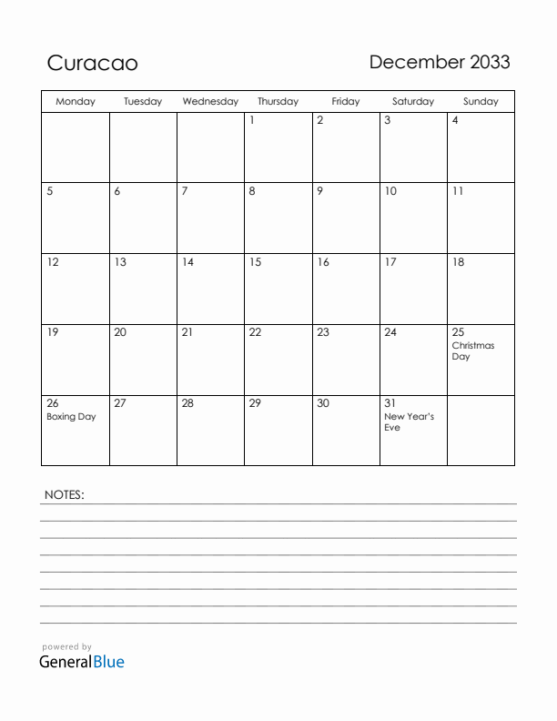 December 2033 Curacao Calendar with Holidays (Monday Start)
