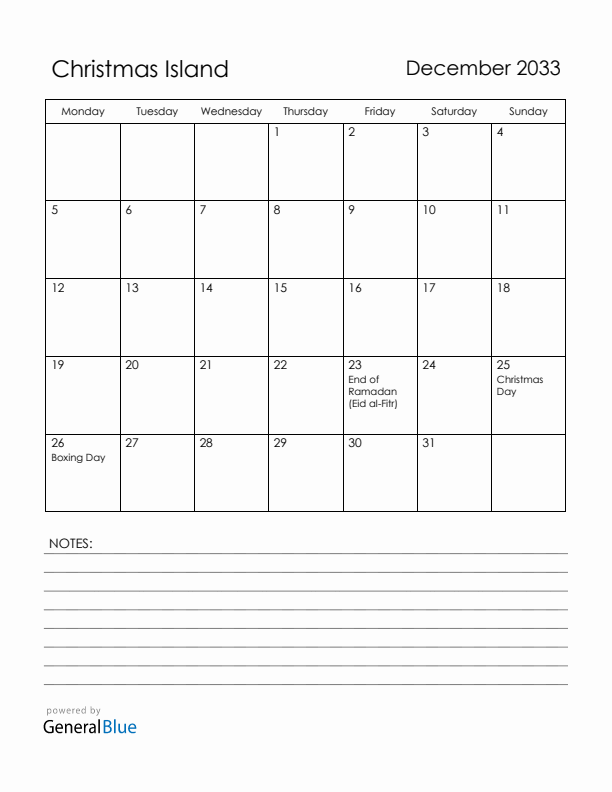 December 2033 Christmas Island Calendar with Holidays (Monday Start)