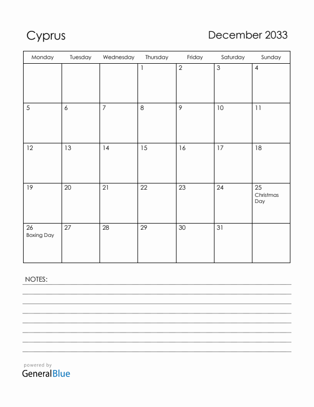 December 2033 Cyprus Calendar with Holidays (Monday Start)