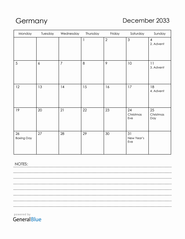 December 2033 Germany Calendar with Holidays (Monday Start)