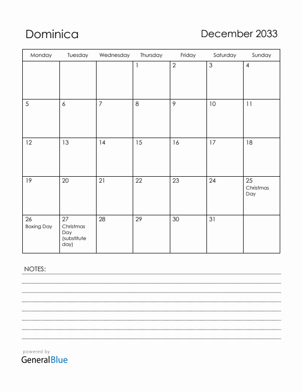 December 2033 Dominica Calendar with Holidays (Monday Start)