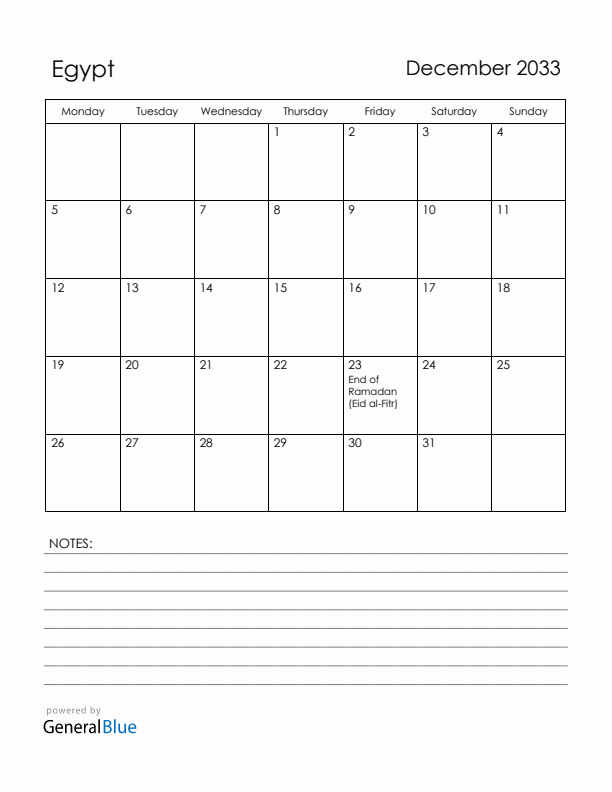 December 2033 Egypt Calendar with Holidays (Monday Start)