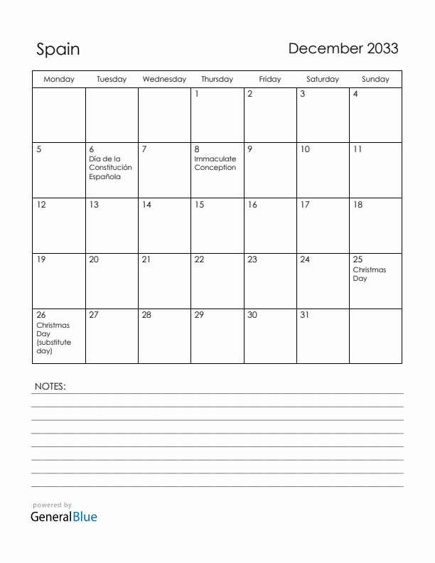 December 2033 Spain Calendar with Holidays (Monday Start)