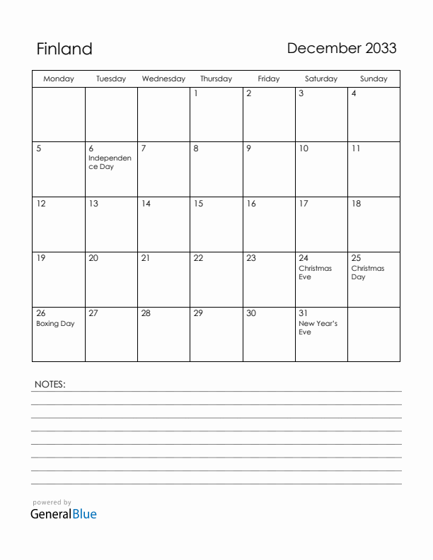 December 2033 Finland Calendar with Holidays (Monday Start)