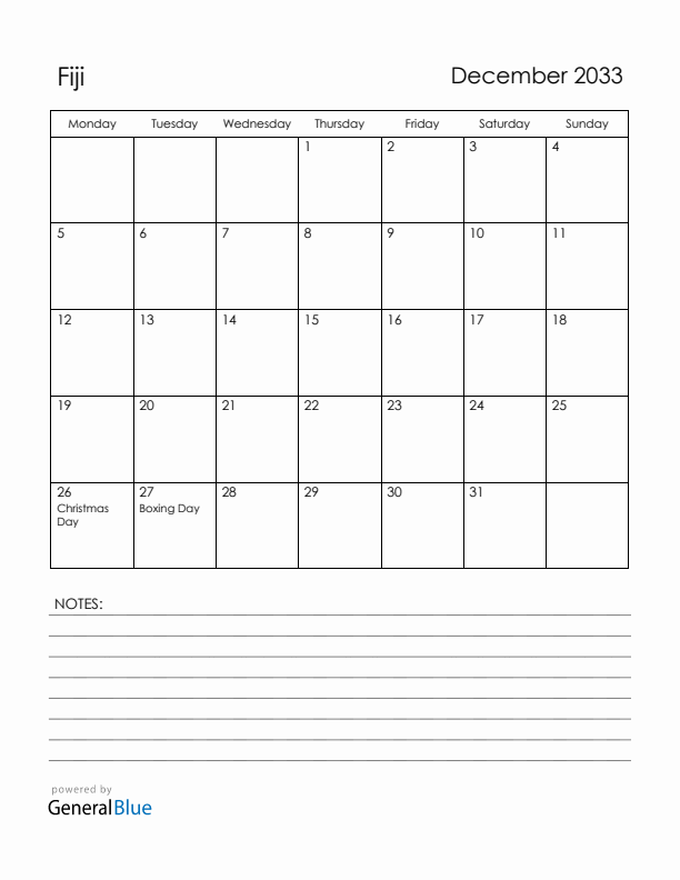 December 2033 Fiji Calendar with Holidays (Monday Start)