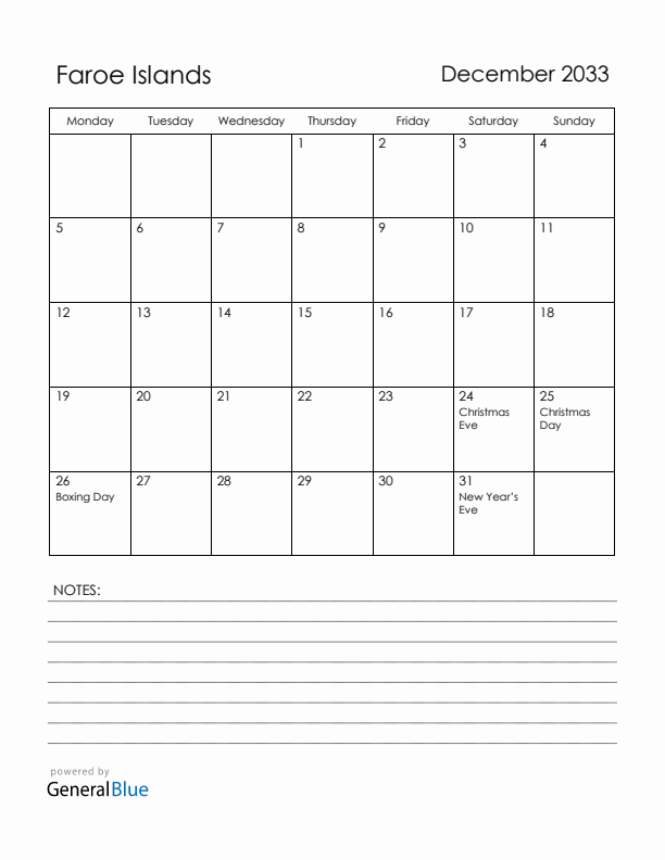 December 2033 Faroe Islands Calendar with Holidays (Monday Start)