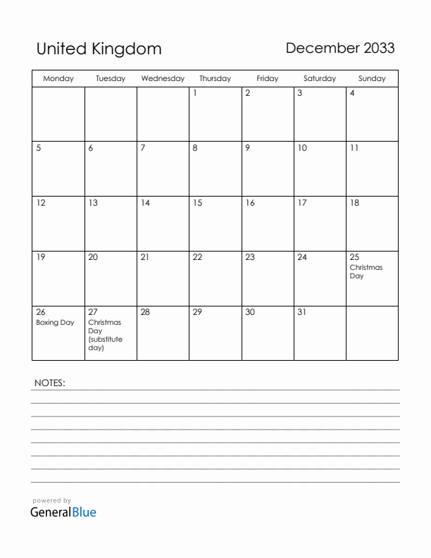 December 2033 United Kingdom Calendar with Holidays (Monday Start)