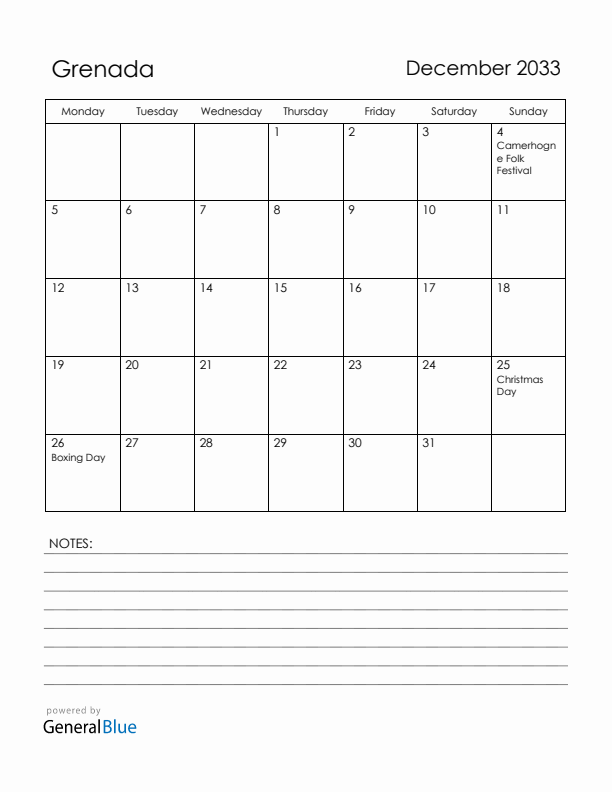 December 2033 Grenada Calendar with Holidays (Monday Start)
