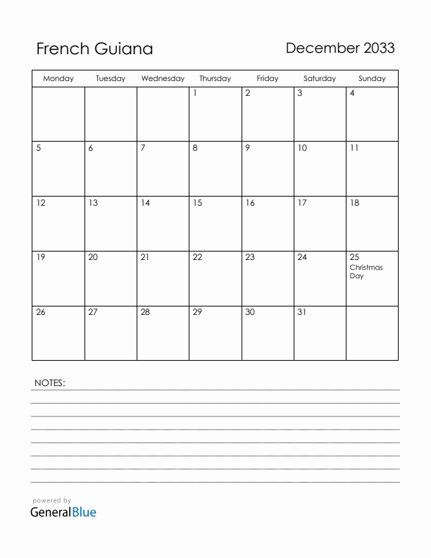 December 2033 French Guiana Calendar with Holidays (Monday Start)