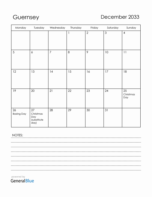 December 2033 Guernsey Calendar with Holidays (Monday Start)