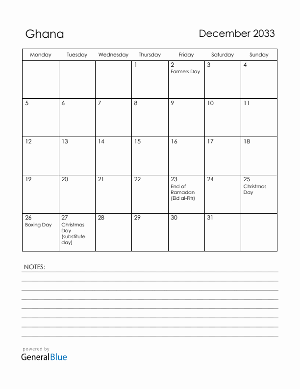 December 2033 Ghana Calendar with Holidays (Monday Start)