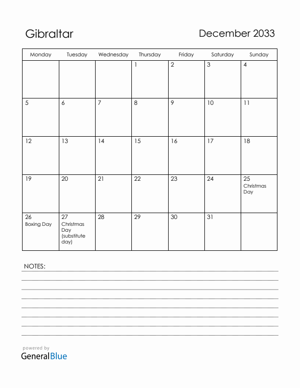 December 2033 Gibraltar Calendar with Holidays (Monday Start)