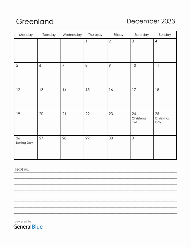 December 2033 Greenland Calendar with Holidays (Monday Start)