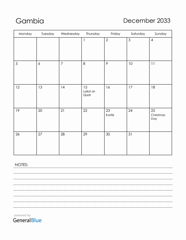 December 2033 Gambia Calendar with Holidays (Monday Start)
