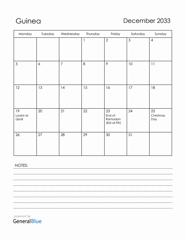 December 2033 Guinea Calendar with Holidays (Monday Start)