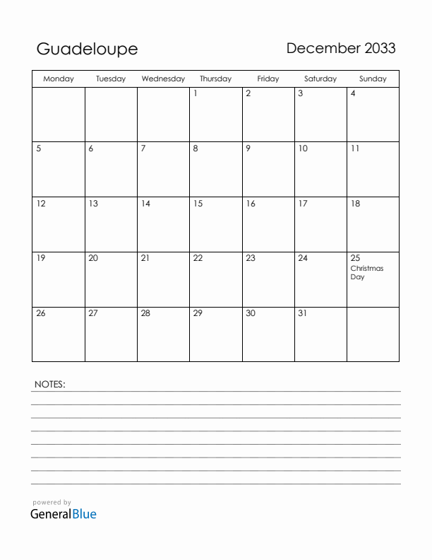 December 2033 Guadeloupe Calendar with Holidays (Monday Start)