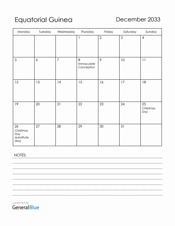 December 2033 Equatorial Guinea Calendar with Holidays (Monday Start)