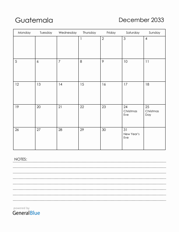 December 2033 Guatemala Calendar with Holidays (Monday Start)