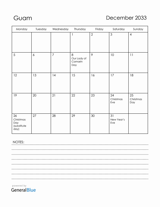 December 2033 Guam Calendar with Holidays (Monday Start)