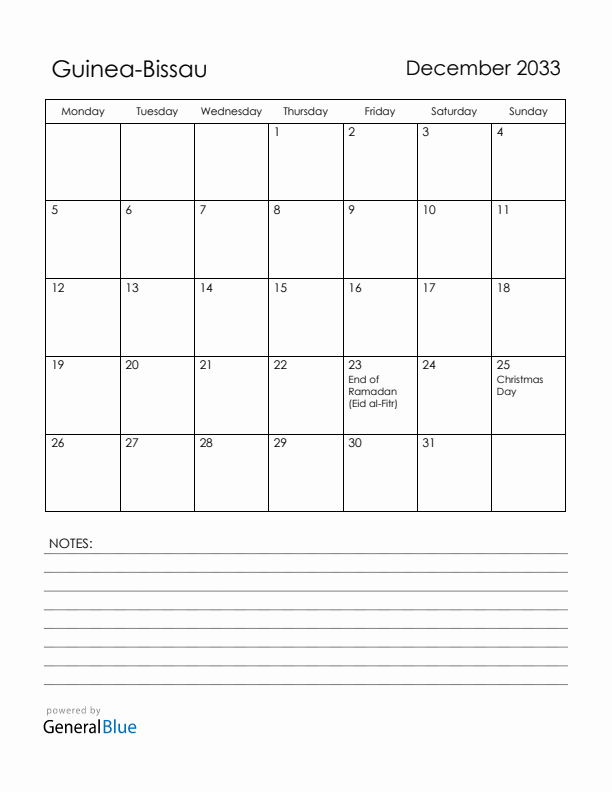 December 2033 Guinea-Bissau Calendar with Holidays (Monday Start)
