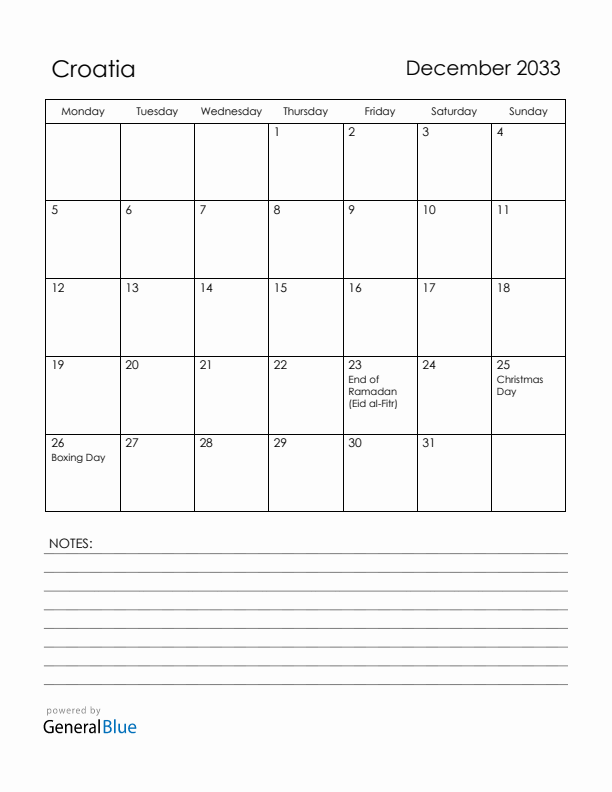 December 2033 Croatia Calendar with Holidays (Monday Start)