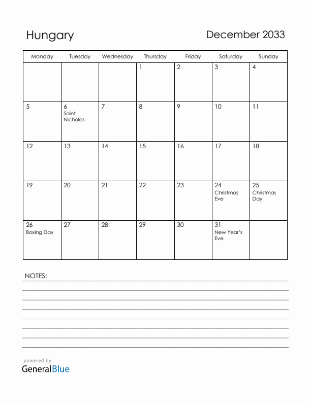 December 2033 Hungary Calendar with Holidays (Monday Start)