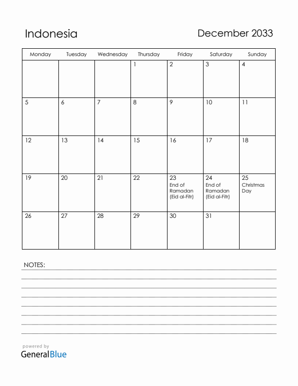 December 2033 Indonesia Calendar with Holidays (Monday Start)