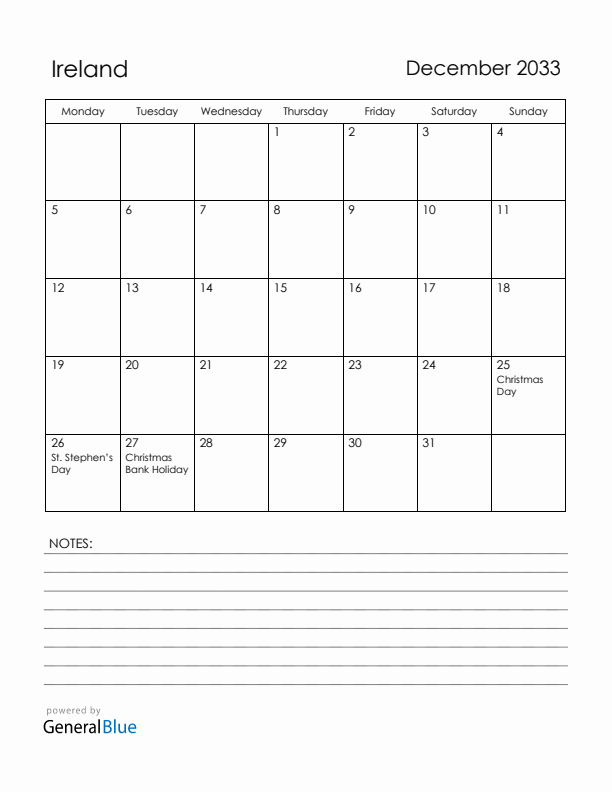 December 2033 Ireland Calendar with Holidays (Monday Start)