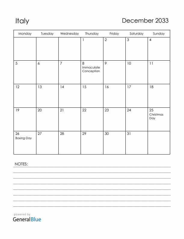 December 2033 Italy Calendar with Holidays (Monday Start)