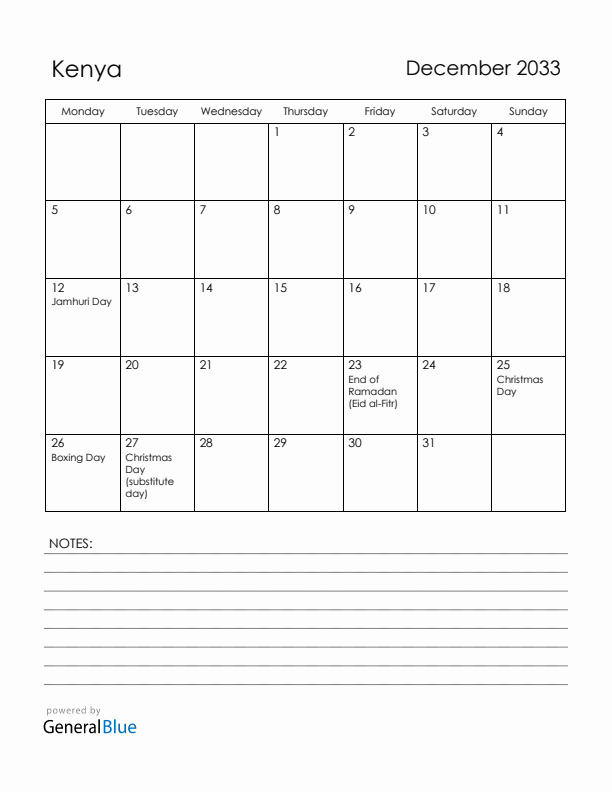 December 2033 Kenya Calendar with Holidays (Monday Start)