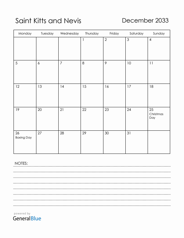 December 2033 Saint Kitts and Nevis Calendar with Holidays (Monday Start)