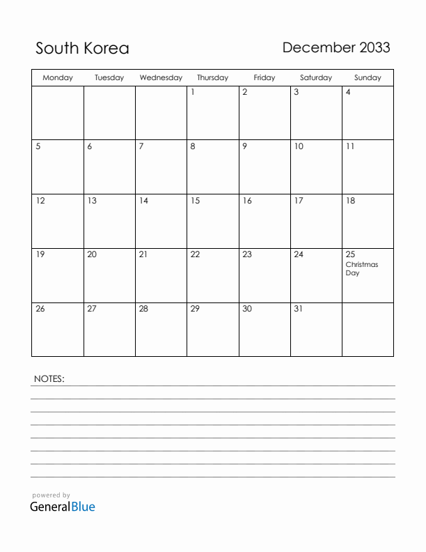 December 2033 South Korea Calendar with Holidays (Monday Start)