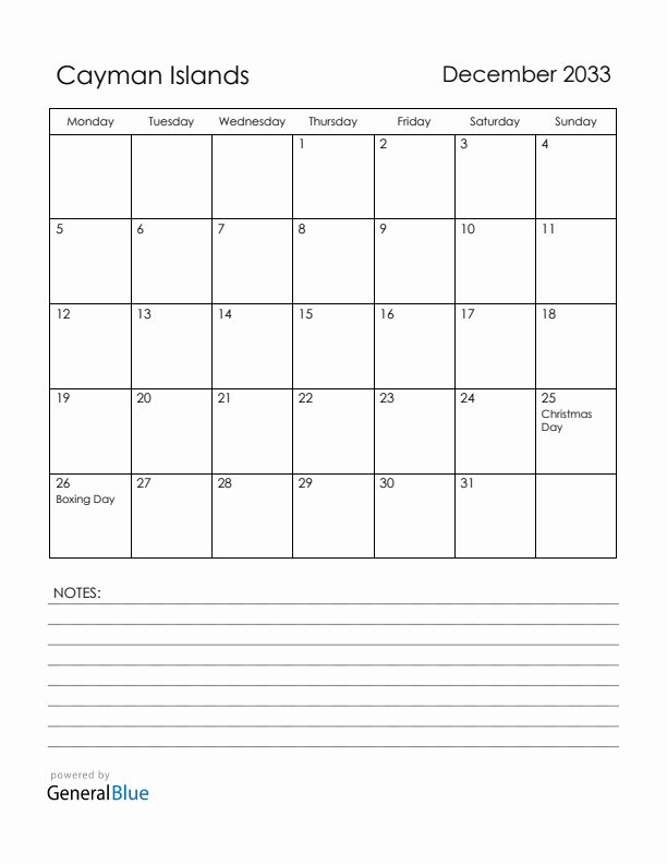 December 2033 Cayman Islands Calendar with Holidays (Monday Start)