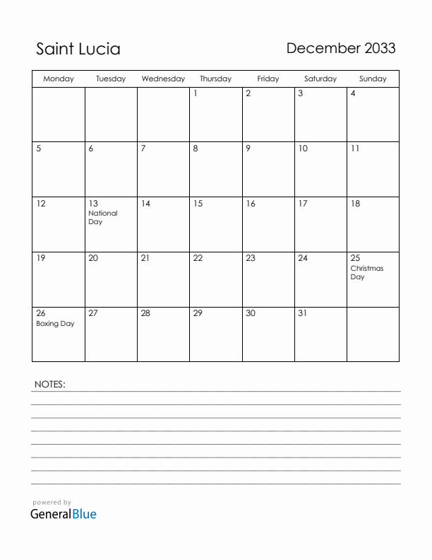 December 2033 Saint Lucia Calendar with Holidays (Monday Start)