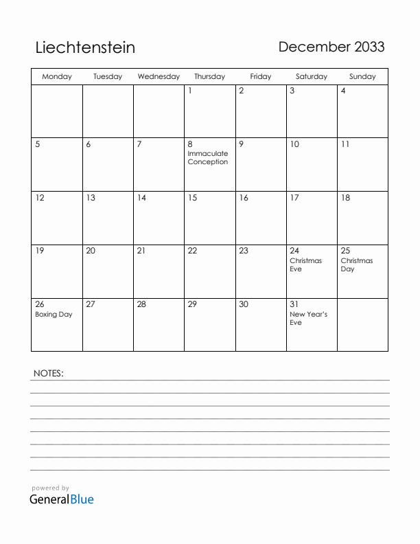 December 2033 Liechtenstein Calendar with Holidays (Monday Start)