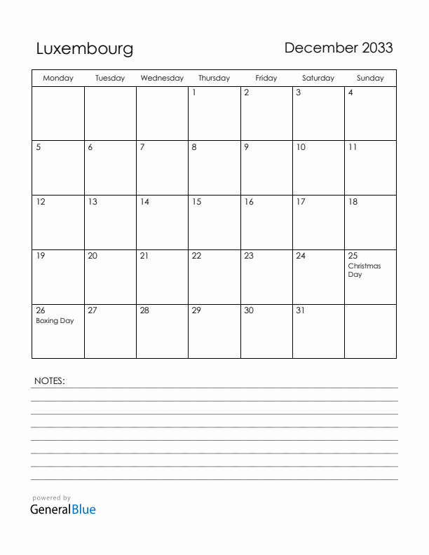 December 2033 Luxembourg Calendar with Holidays (Monday Start)