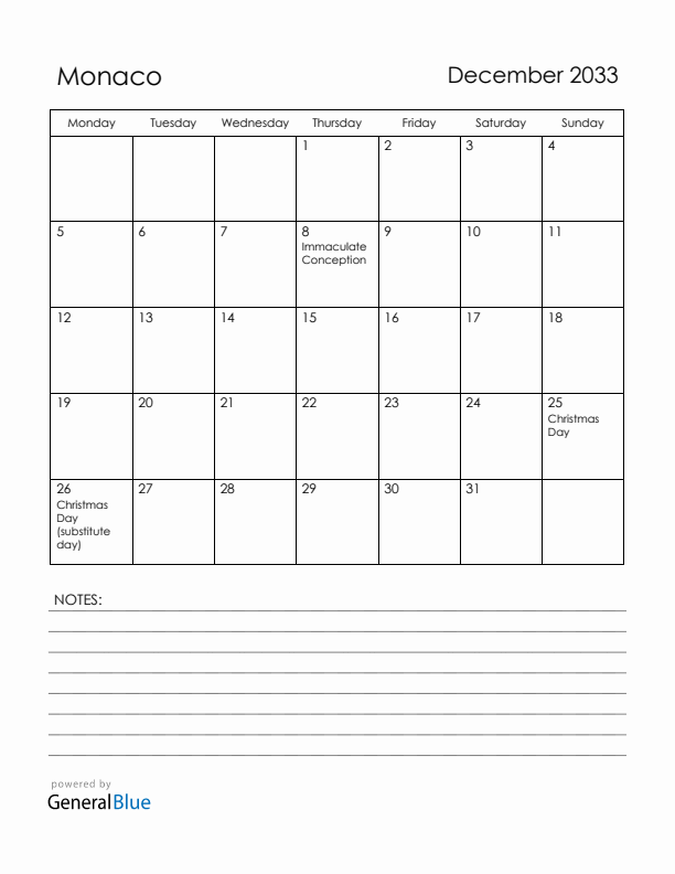December 2033 Monaco Calendar with Holidays (Monday Start)