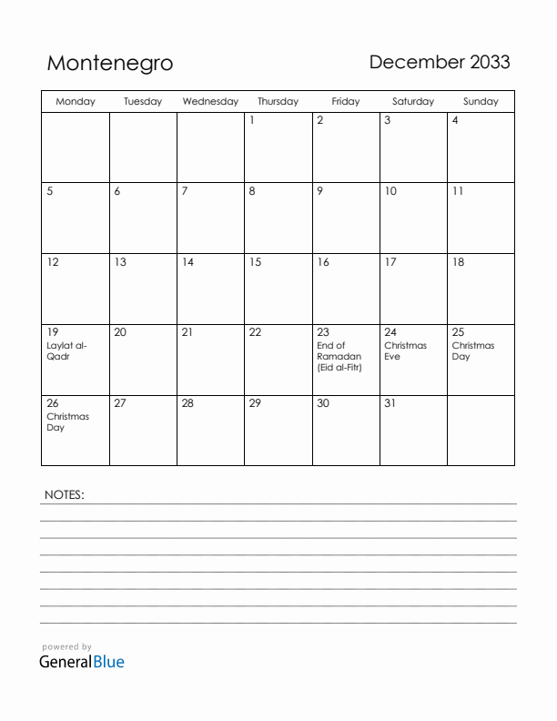 December 2033 Montenegro Calendar with Holidays (Monday Start)
