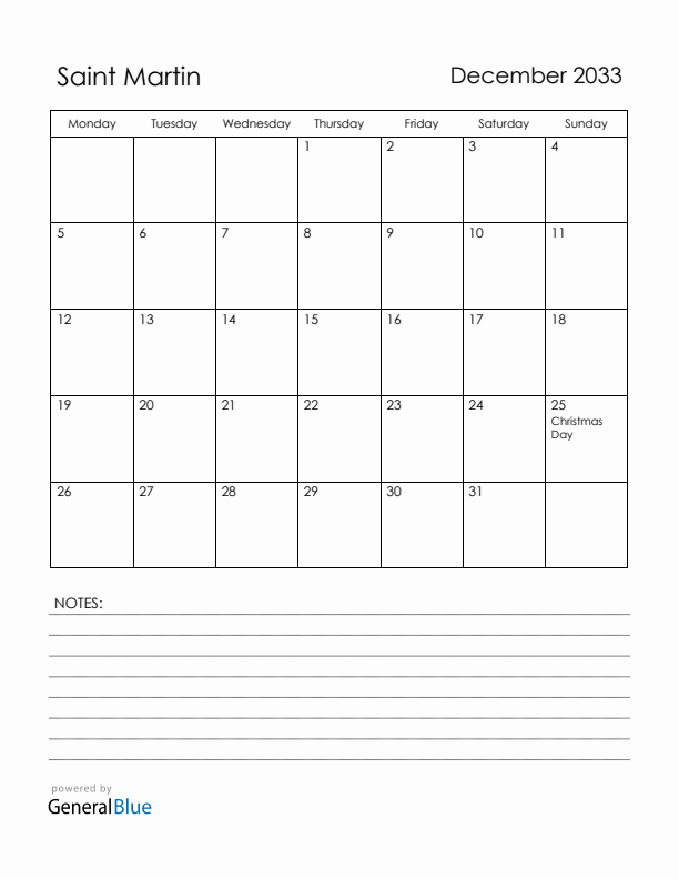 December 2033 Saint Martin Calendar with Holidays (Monday Start)