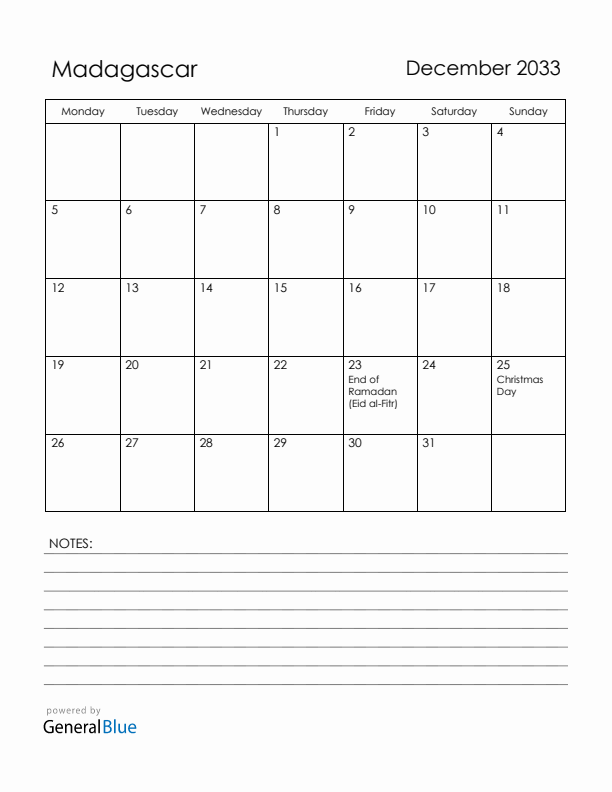 December 2033 Madagascar Calendar with Holidays (Monday Start)