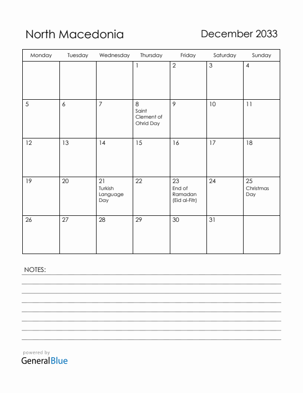 December 2033 North Macedonia Calendar with Holidays (Monday Start)