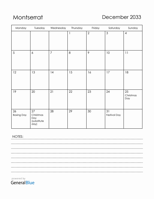 December 2033 Montserrat Calendar with Holidays (Monday Start)