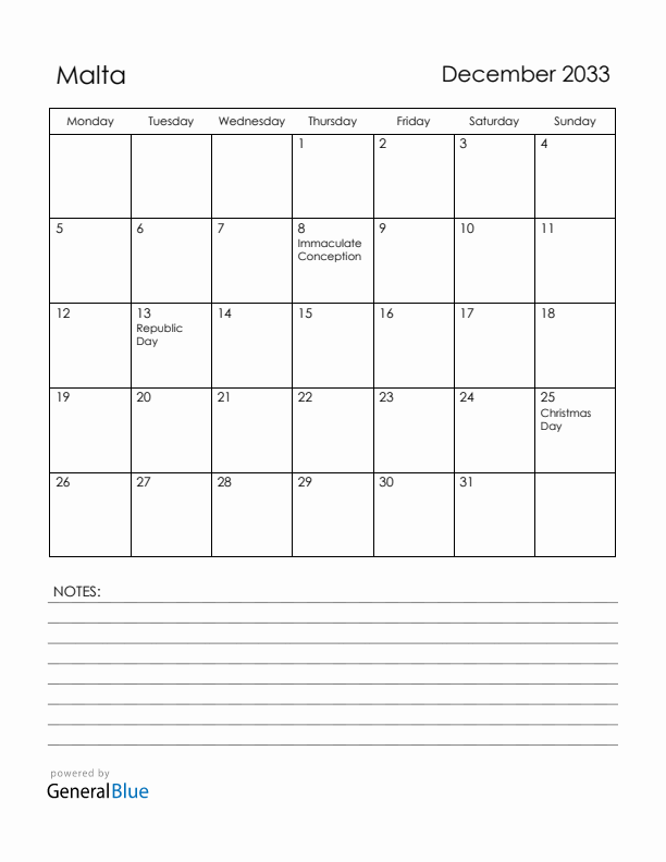 December 2033 Malta Calendar with Holidays (Monday Start)