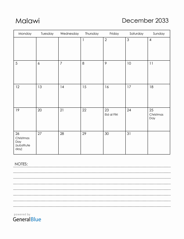 December 2033 Malawi Calendar with Holidays (Monday Start)