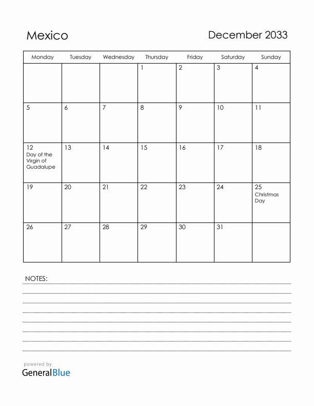 December 2033 Mexico Calendar with Holidays (Monday Start)