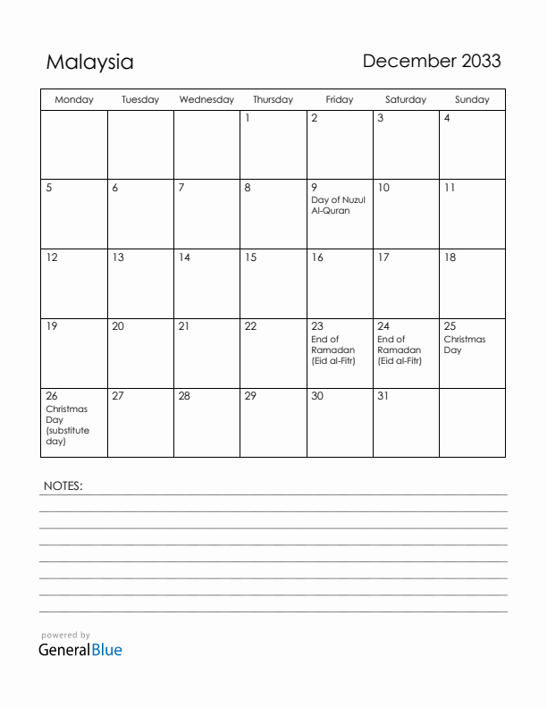 December 2033 Malaysia Calendar with Holidays (Monday Start)