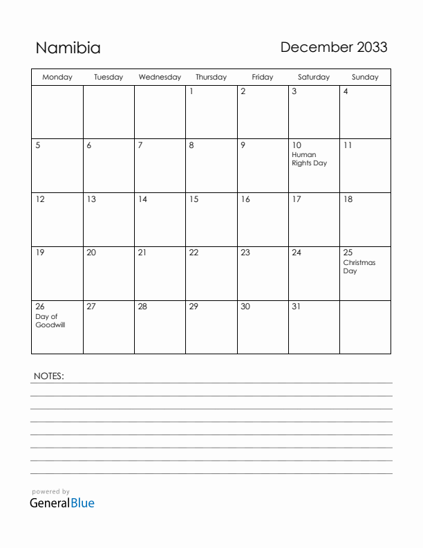 December 2033 Namibia Calendar with Holidays (Monday Start)