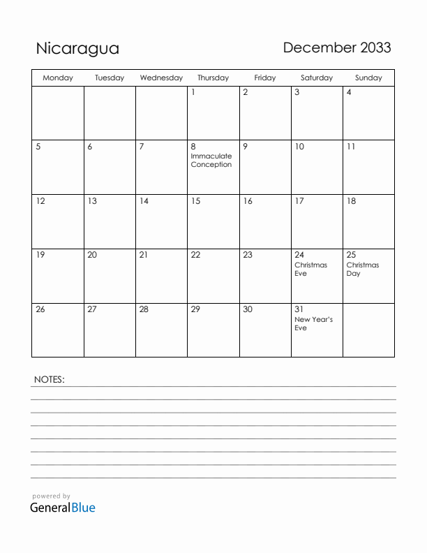 December 2033 Nicaragua Calendar with Holidays (Monday Start)