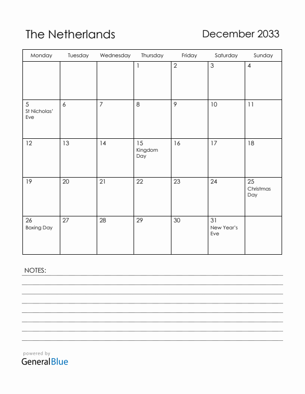 December 2033 The Netherlands Calendar with Holidays (Monday Start)